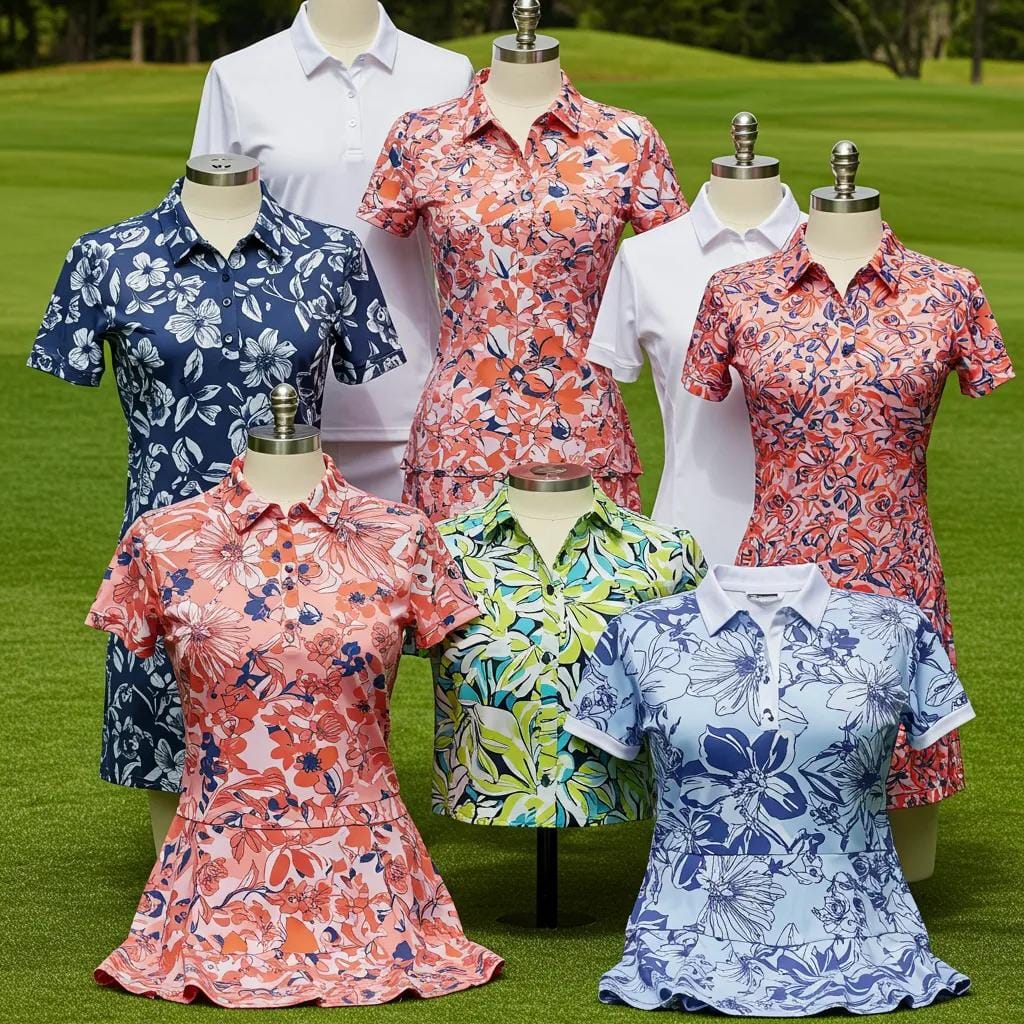A close-up view of women's golf apparel showcasing vibrant, bold patterns and prints