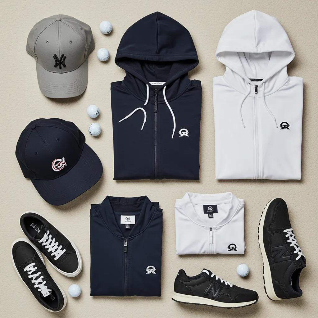 A stylish flat lay showcasing golf hoodies and complementary accessories, illustrating versatile on-course and off-course styling possibilities