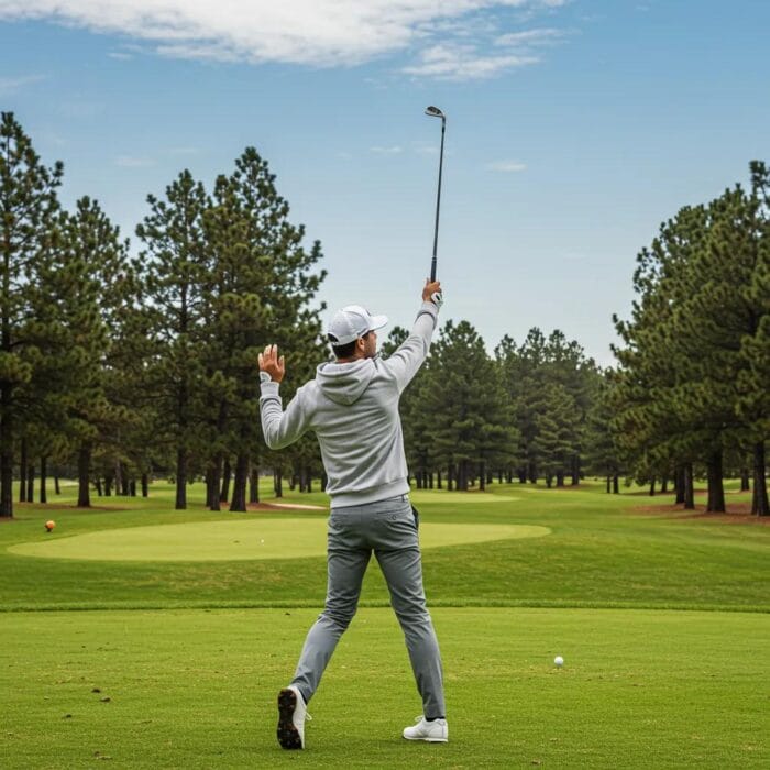 Golfer in a stylish hoodie on a golf course, highlighting performance and comfort for cooler days
