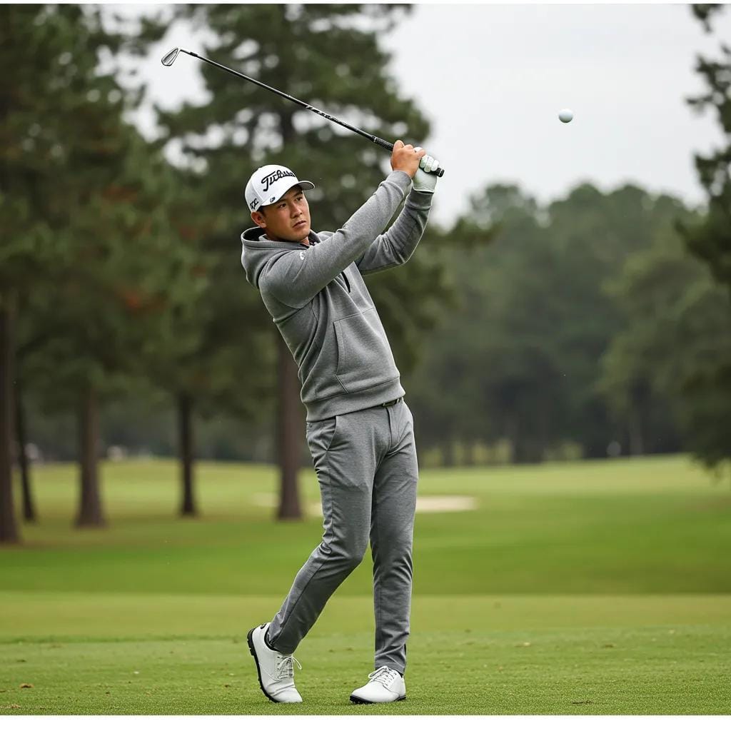Golfer executing a smooth swing in a highly flexible hoodie, demonstrating superior comfort and mobility during play