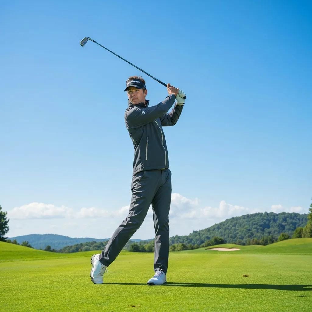 Golfer in a waterproof jacket swinging on a golf course, highlighting comfort and performance in adverse weather