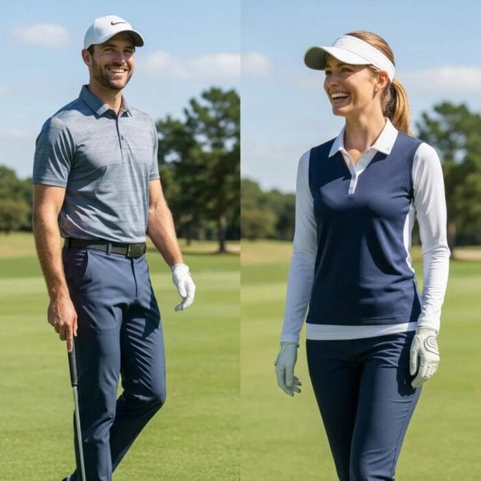 Male and female golfers wearing clean, functional golf apparel on the course