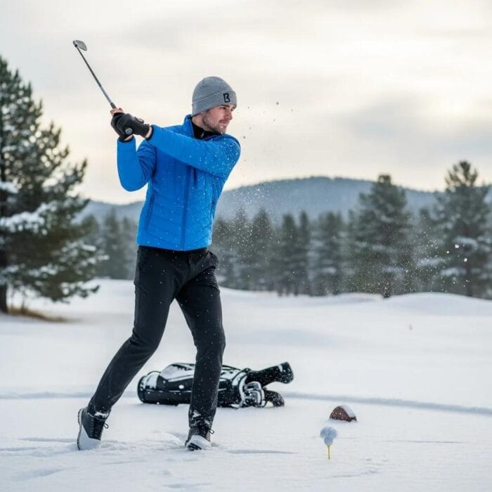 Golfer in winter apparel swinging on a snowy golf course, showcasing warmth and flexibility
