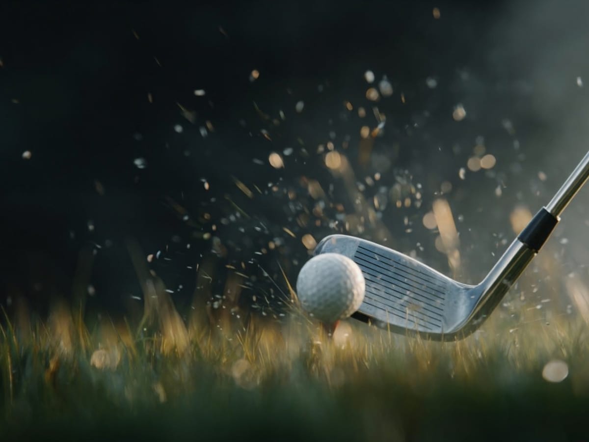A golf club strikes a golf ball on grass, sending dirt and grass particles into the air—an ideal scene for those wearing the best golf apparel for Atlanta weather.