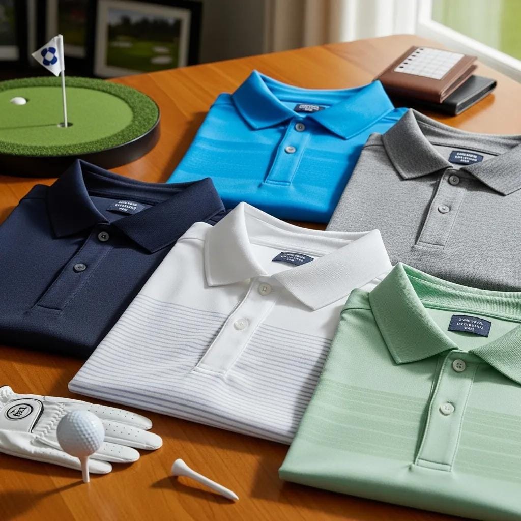 Close-up of breathable, moisture-wicking golf polos in multiple colors