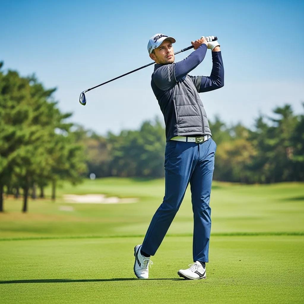 Golfer demonstrating effective layering of golf apparel on a sunny course