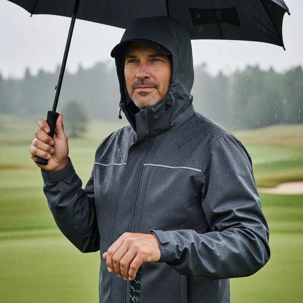 Golfer wearing a waterproof jacket standing on a wet fairway