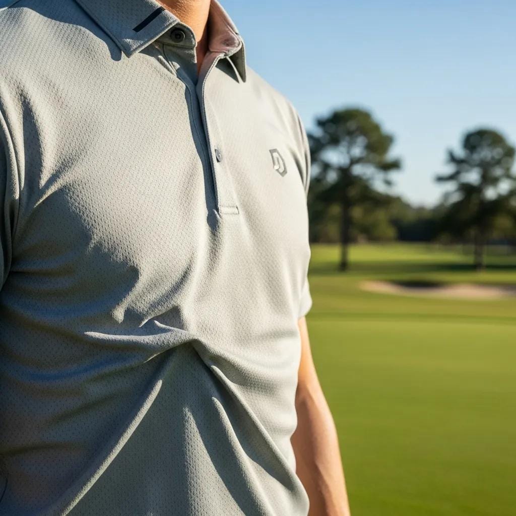 Golfer wearing a moisture-wicking polo on a sunny Atlanta course