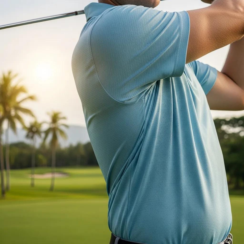 Golfer wearing a moisture-wicking polo on a humid Atlanta fairway
