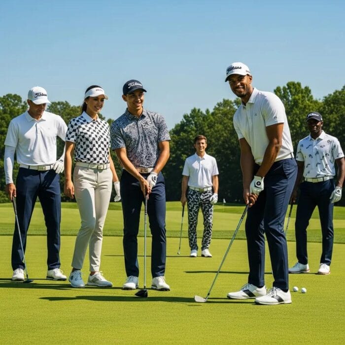 Stylish golfers in Atlanta wearing modern golf apparel on a sunny course