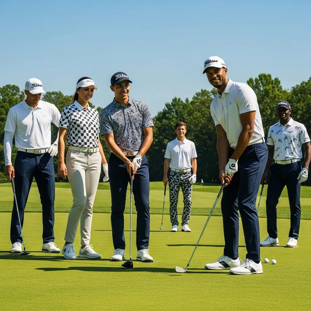 Stylish golfers in Atlanta wearing modern golf apparel on a sunny course