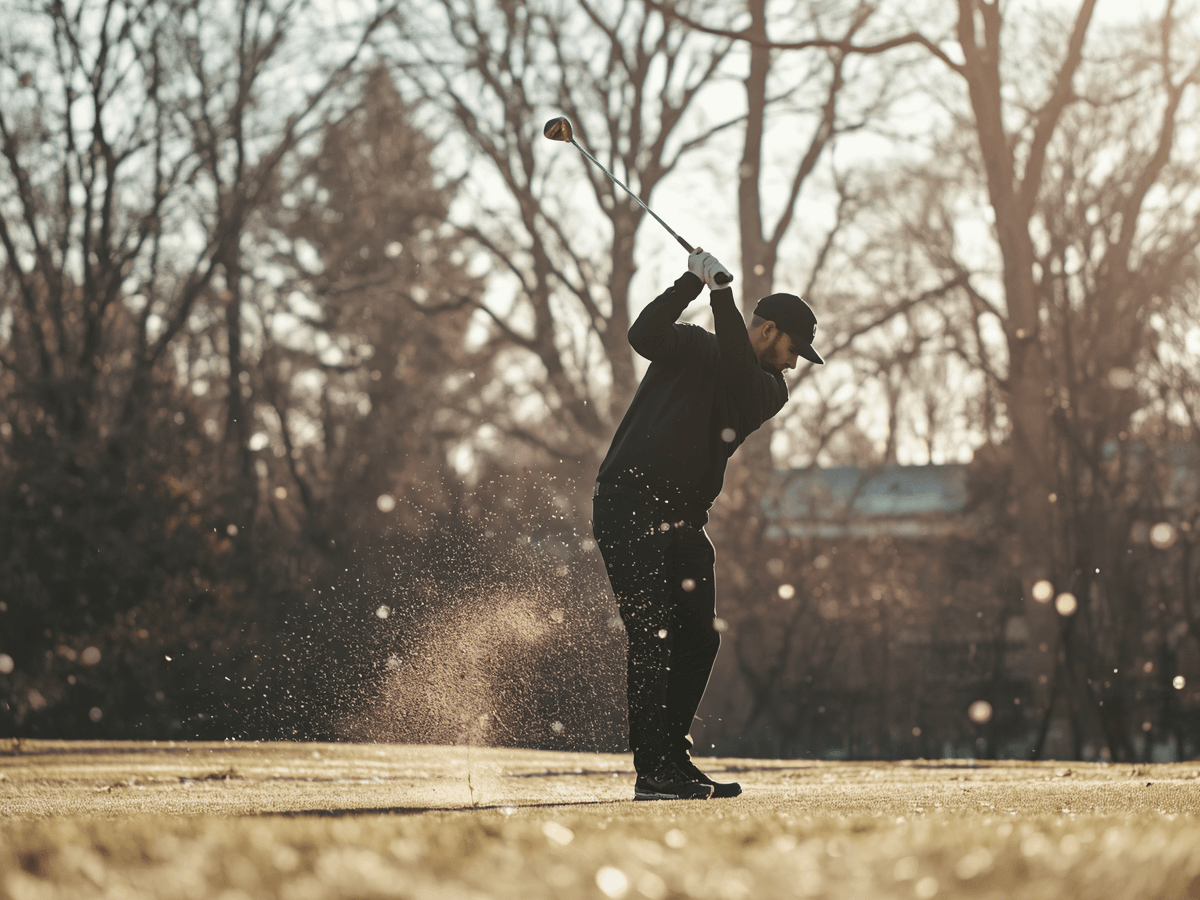A person sporting the latest Golf Apparel Trends and a cap swings a golf club, sending dirt flying on a grassy course with bare trees in the background.