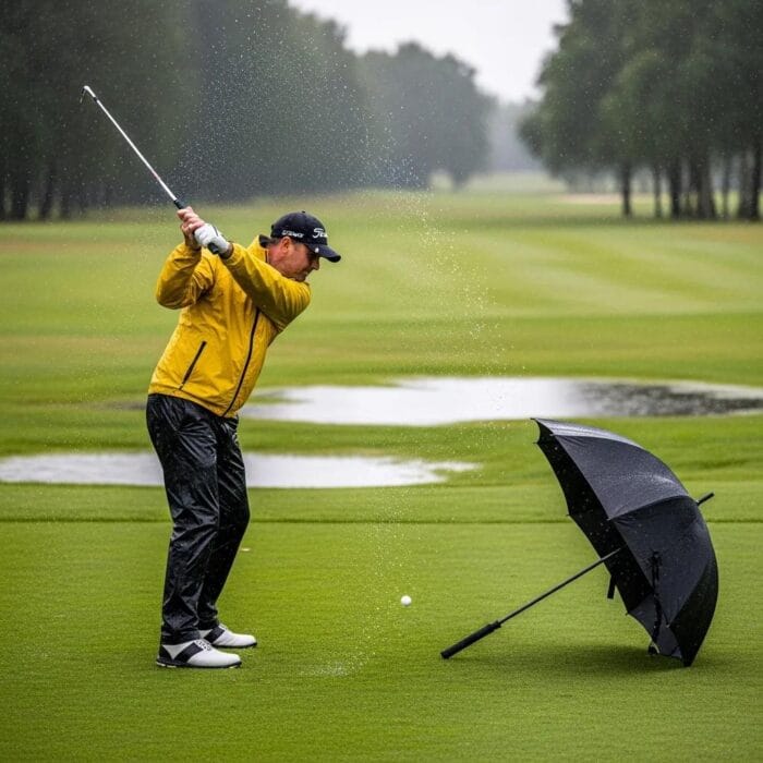 Golfer in waterproof gear playing in the rain on a golf course