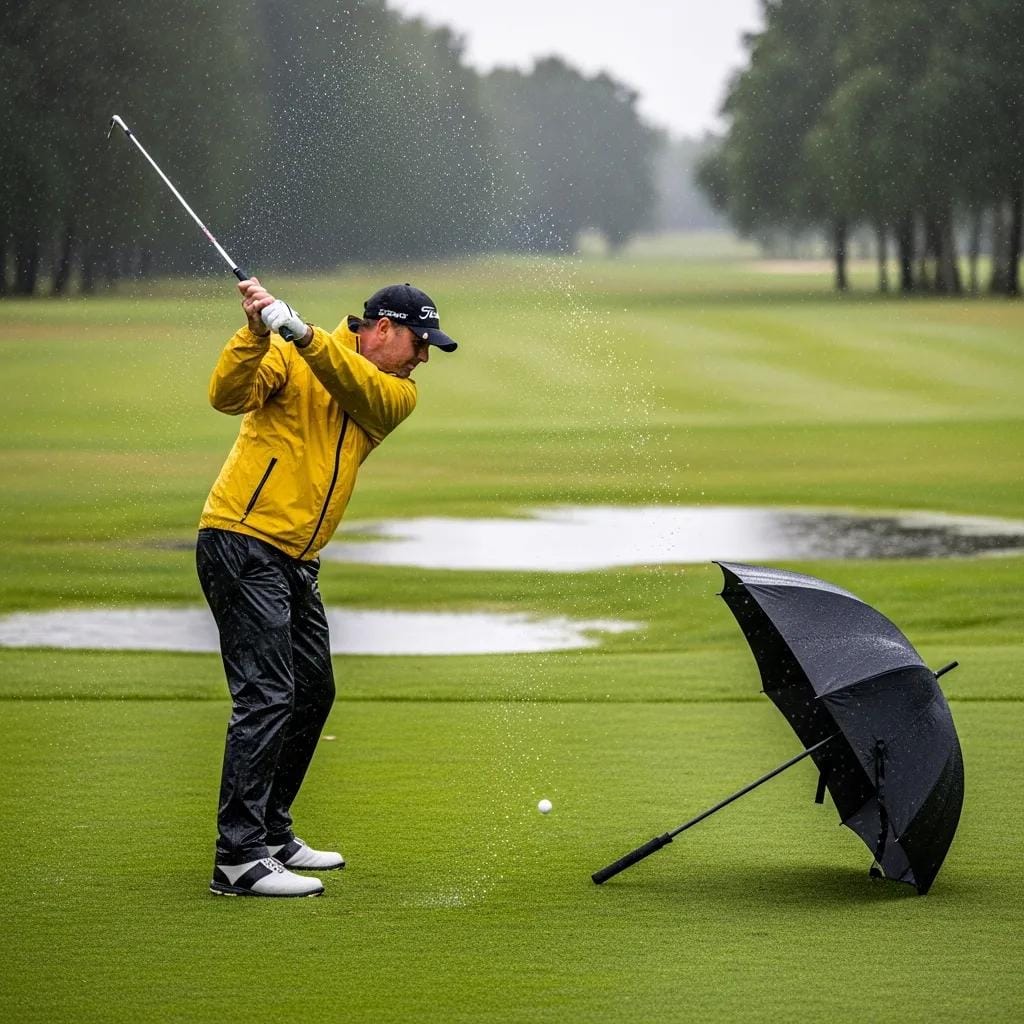 Golfer in waterproof gear playing in the rain on a golf course