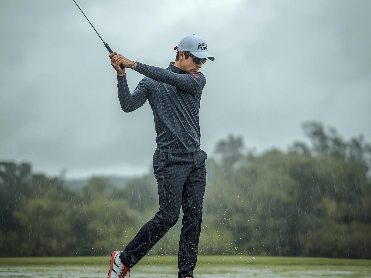 A golfer sporting Rainy Weather Golf Gear, including a cap and sunglasses, finishes a golf swing in the rain on a grassy course with trees in the background.