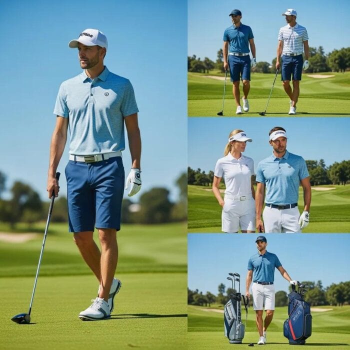 Stylish summer golf apparel on a golfer in a sunny golf course setting