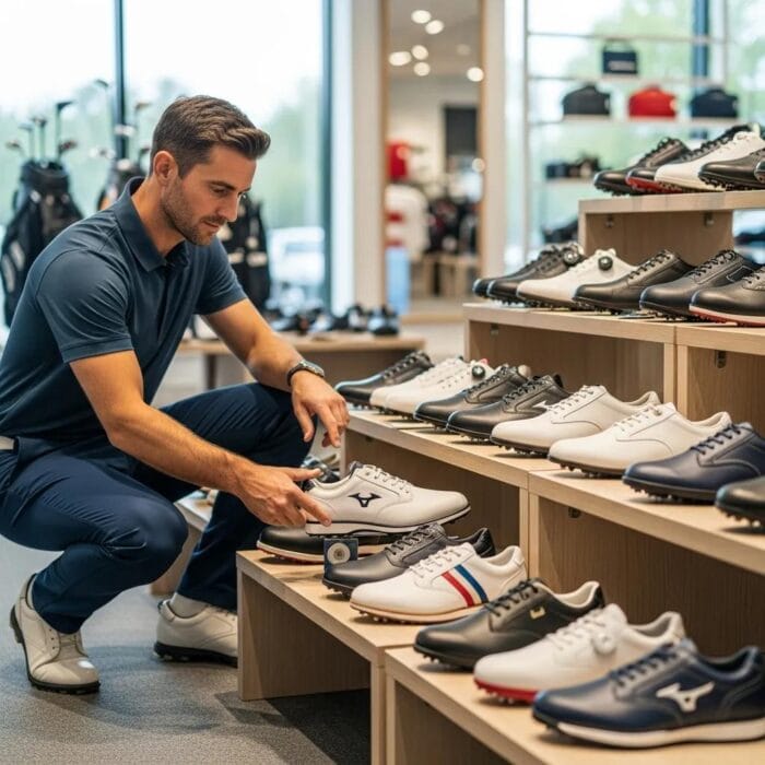 A golfer selecting stylish golf shoes in a store, highlighting comfort and choice