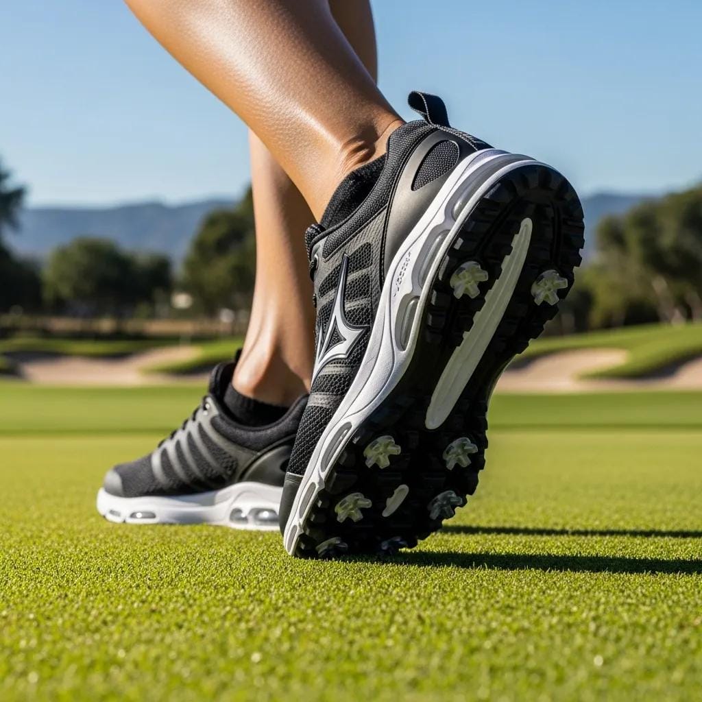 Close-up of comfortable golf shoes on a golf course highlighting cushioning features