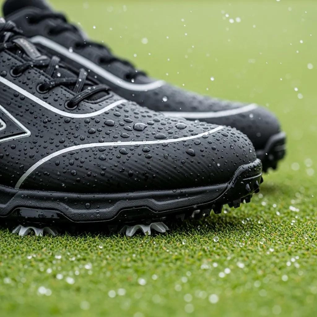 Golfer wearing waterproof golf shoes in light rain on a golf course