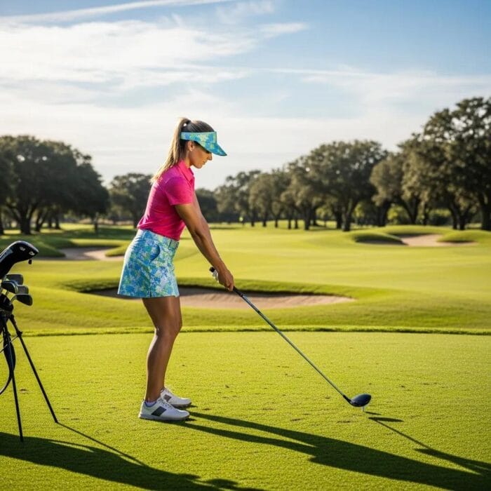 Stylish female golfer in modern golf apparel on a sunny course