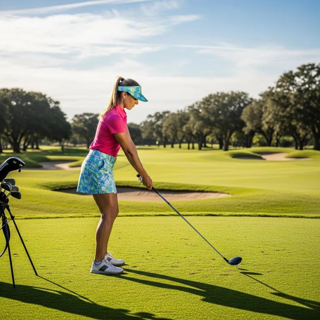 Stylish female golfer in modern golf apparel on a sunny course