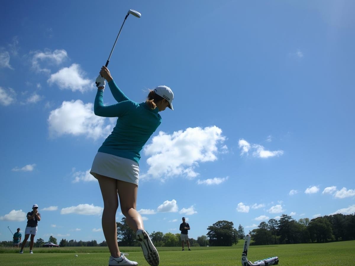 A golfer in stylish women's golf apparel—a blue long-sleeve shirt and white skirt—swings a club on a sunny day, with three people and golf equipment visible in the background.