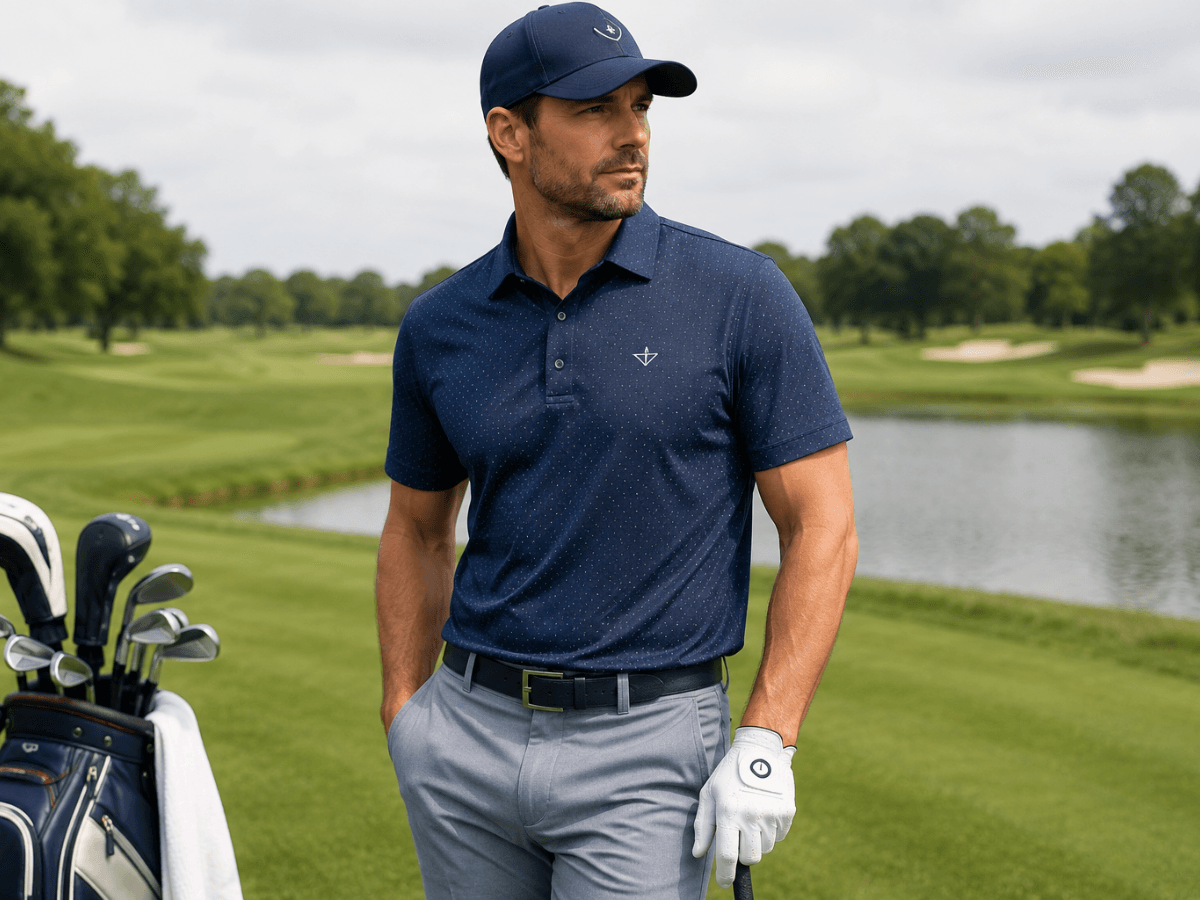 A man in stylish golf wear—a navy polo, grey pants, and a cap—stands on a golf course near a pond, with golf clubs visible to his left.