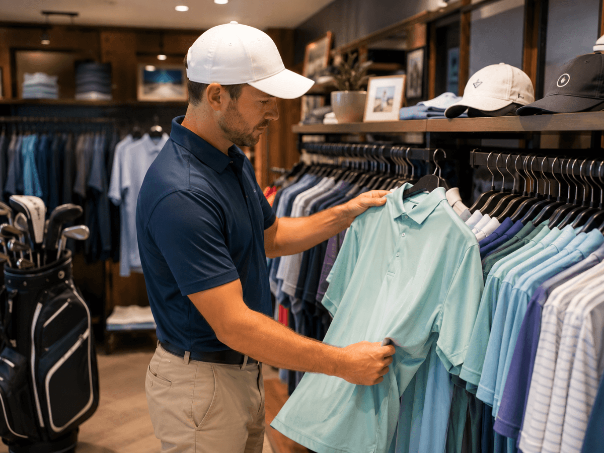 A man in a golf shop browses for stylish golf wear, eyeing a light blue polo shirt on a rack surrounded by other shirts, hats, and golf equipment.