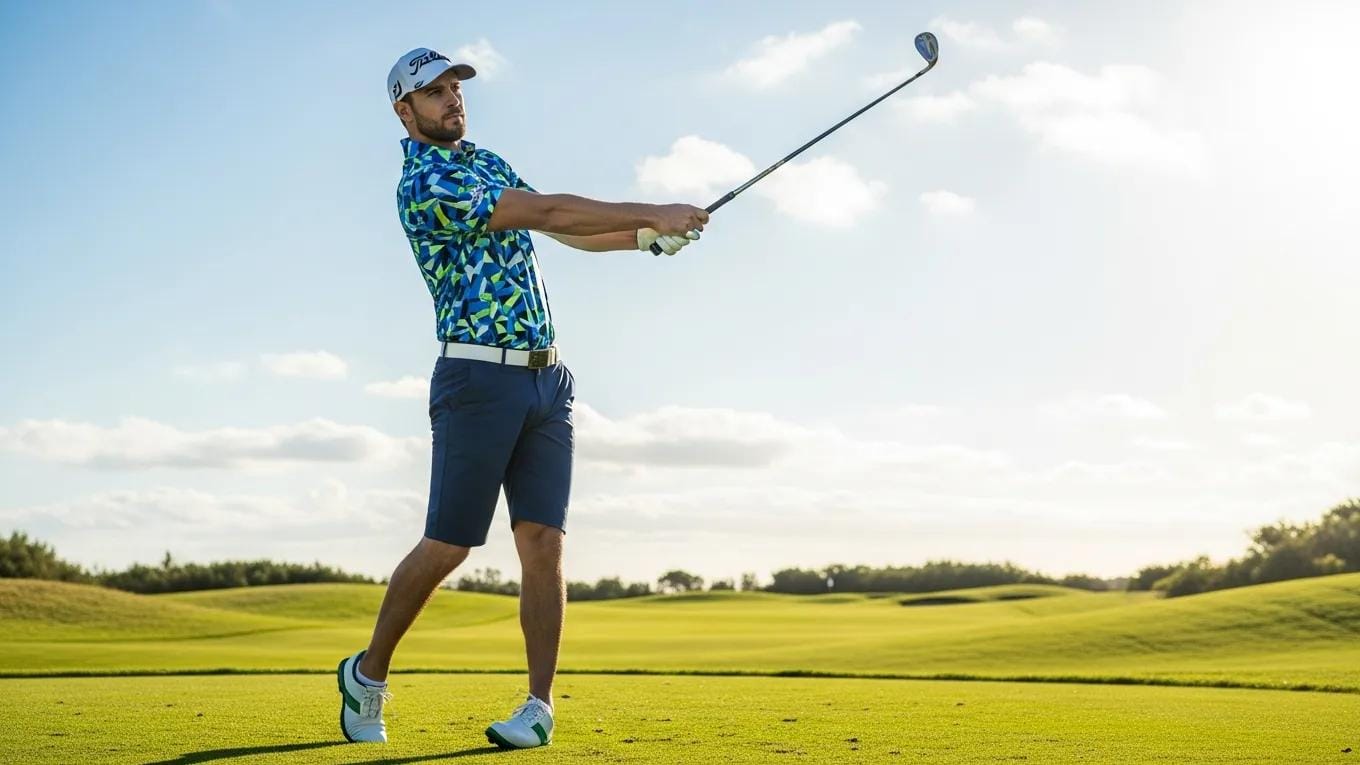 Golfer in stylish and comfortable golf apparel on a sunny course