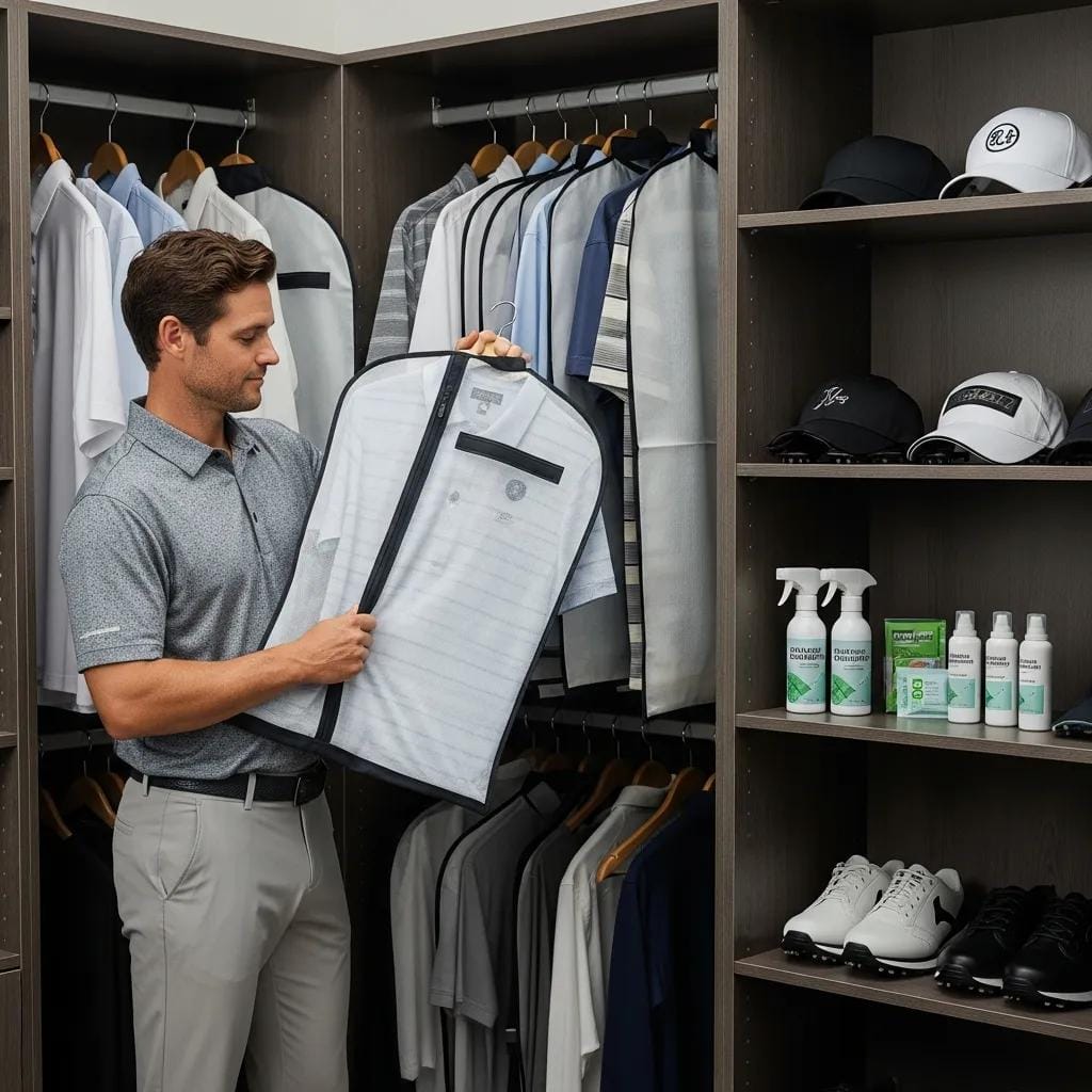 Golfer inspecting fresh golf apparel in a well-organized closet