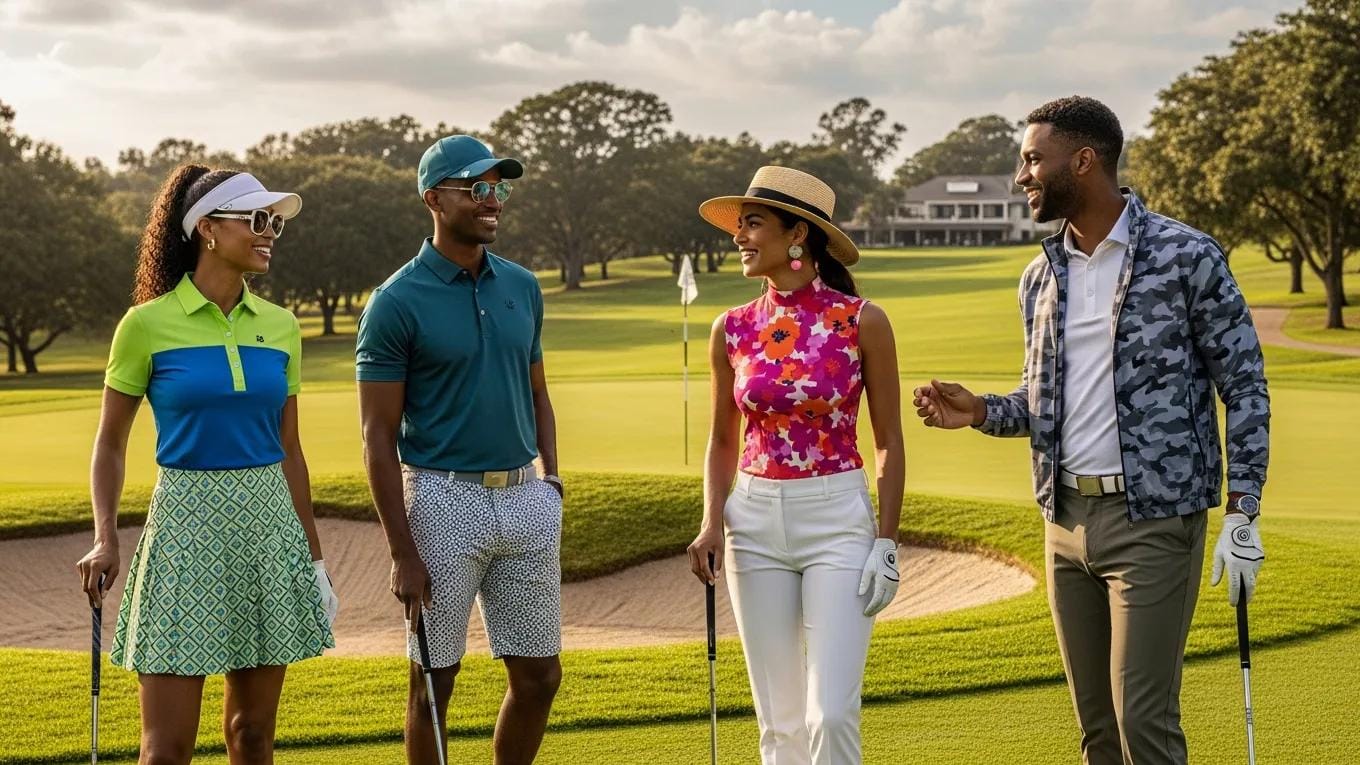Group of golfers showcasing current fashion trends in golf apparel on the course