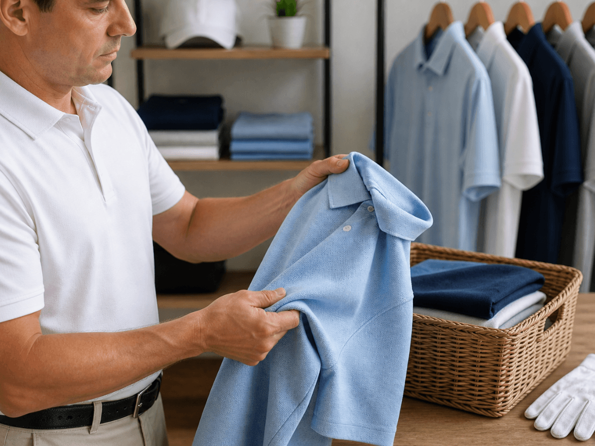 A person in a white polo shirt inspects a light blue polo shirt over a laundry basket with folded clothes, with more shirts hanging in the background.