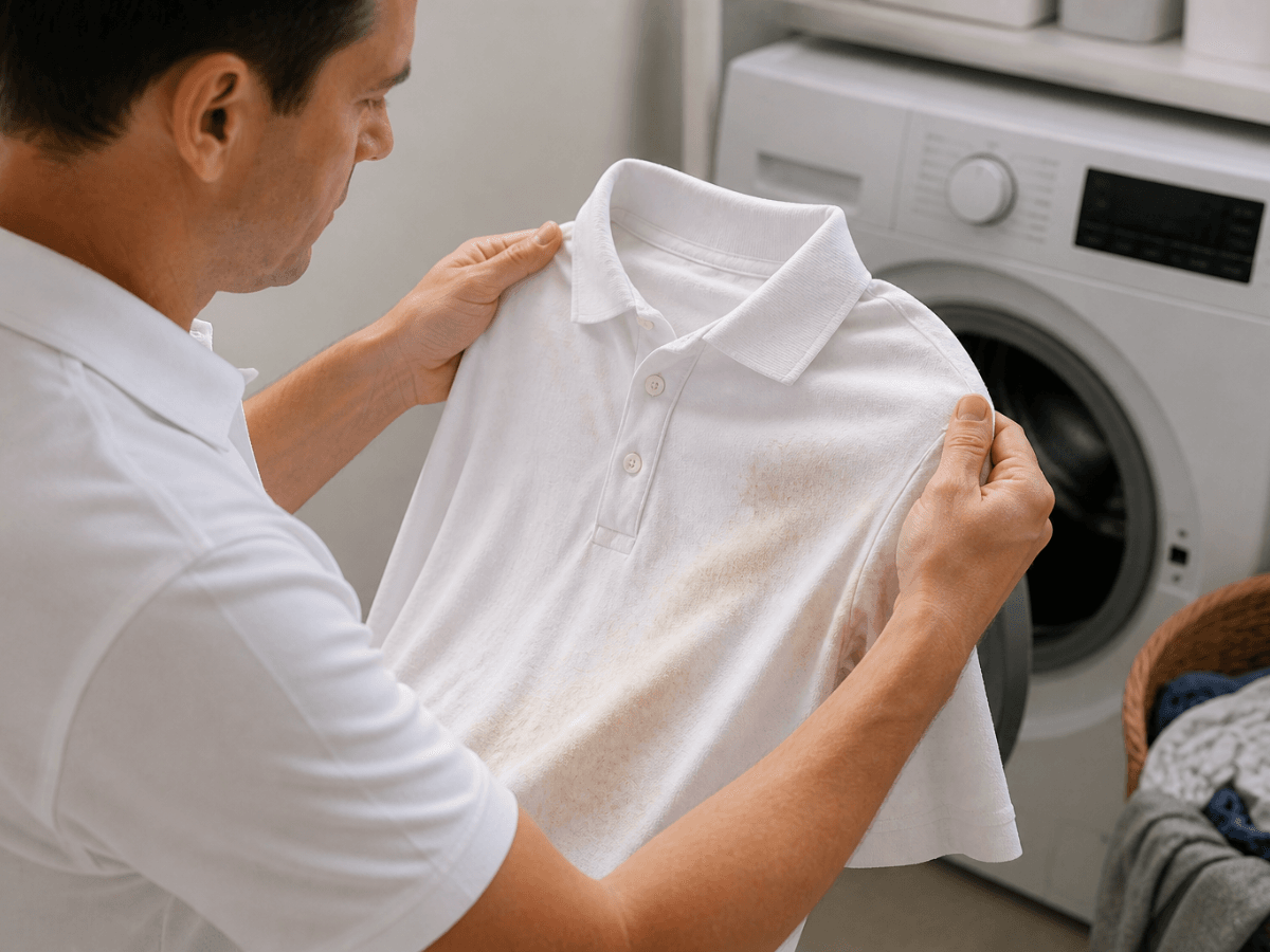 A man examines a white polo shirt with a large brown stain in front of a washing machine.