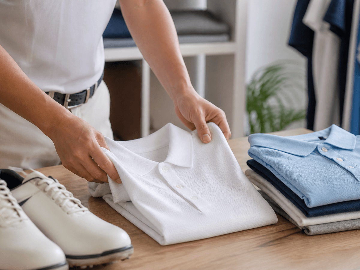 A person folds a white polo shirt on a table next to neatly stacked shirts and a pair of white shoes.