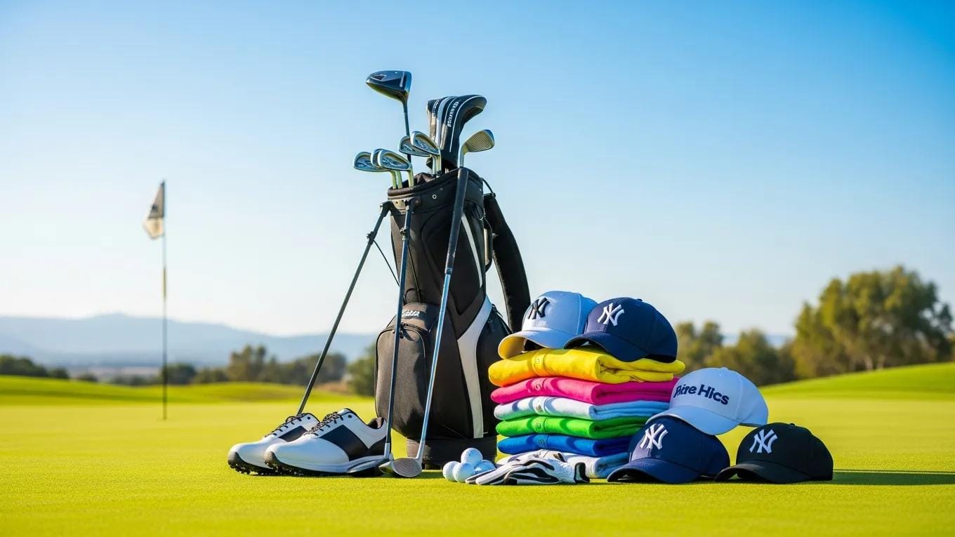 Essential golf gear for beginners including clubs, bags, and apparel on a sunny golf course