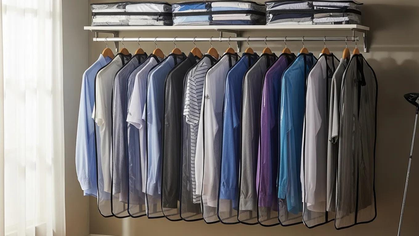 Golf apparel stored in breathable garment bags, emphasizing proper storage practices