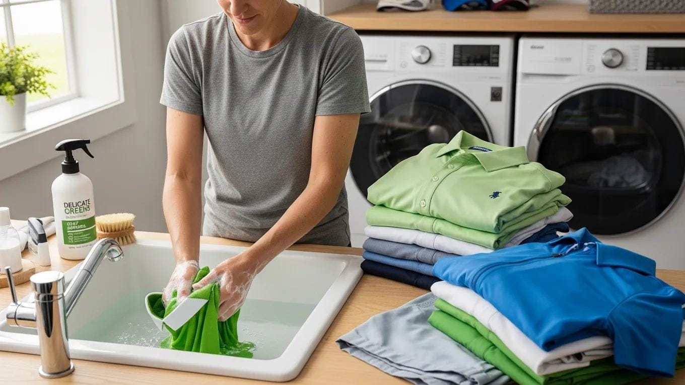Person washing golf apparel with care in a modern laundry setting