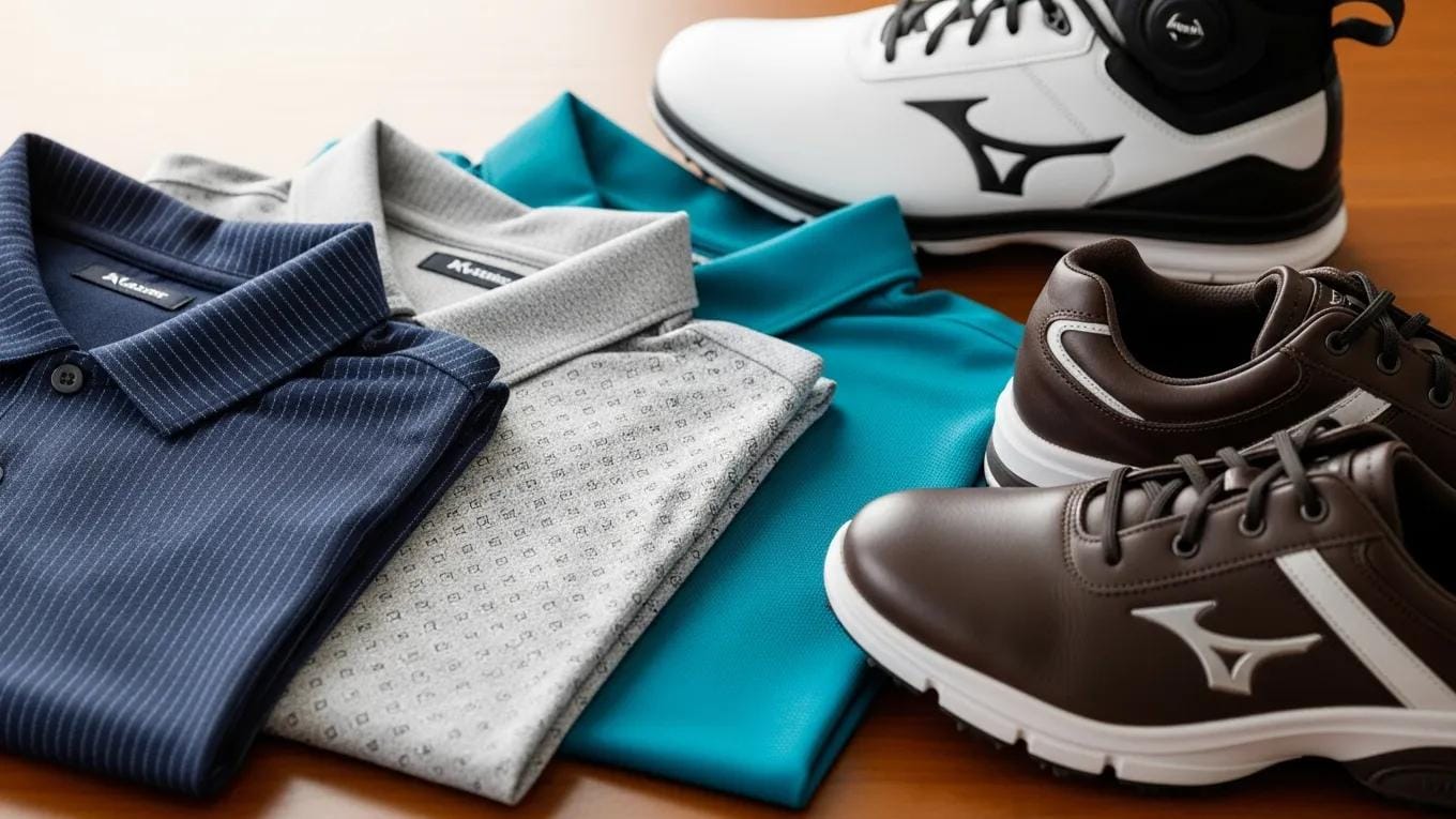 Stylish golf polos and comfortable shoes for beginners displayed on a wooden surface