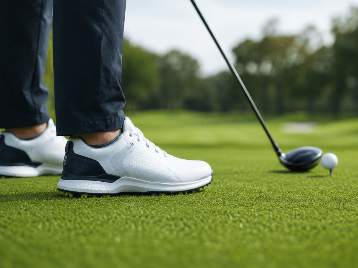 A person in the best golf shoes stands on green grass, preparing to hit a golf ball with a driver club on a golf course.