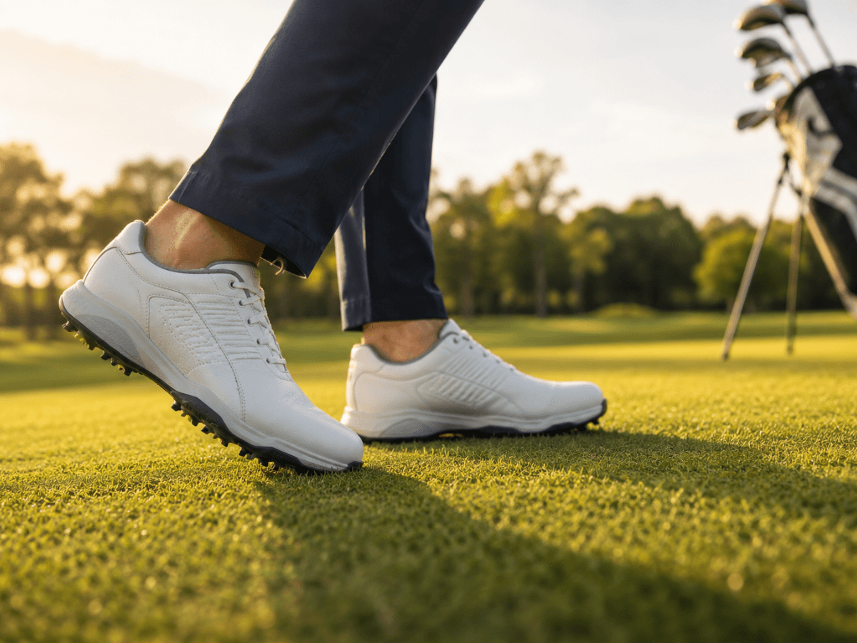 Person wearing the best golf shoes in white, walking on a green golf course, with a golf bag and trees visible in the background.