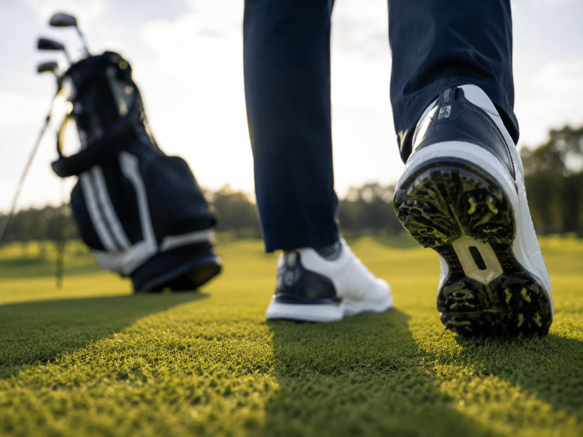 Close-up of a person’s legs and best golf shoes walking on grass toward a golf bag, with a golf course visible in the background.