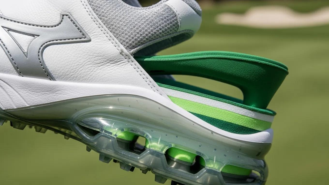Close-up of a golf shoe showcasing arch support features, emphasizing comfort and performance