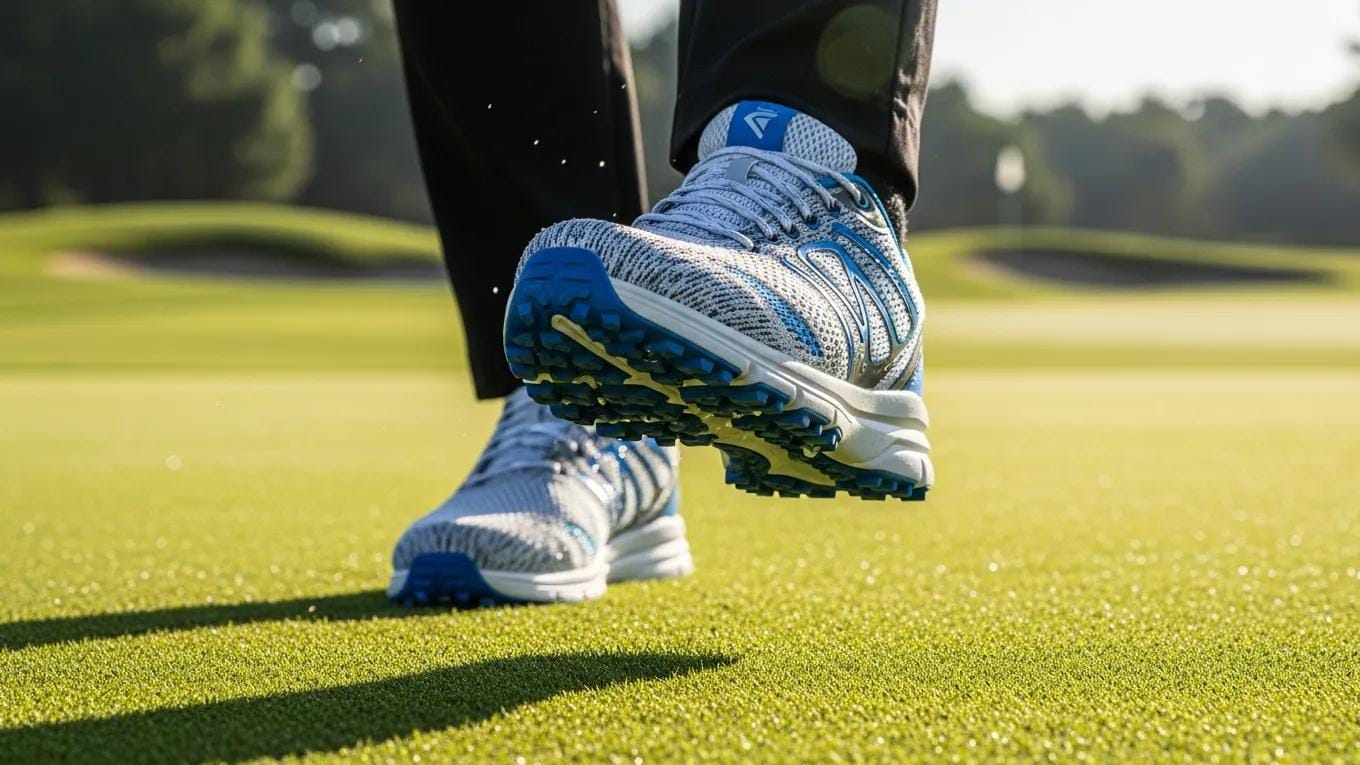 Golfer in motion wearing breathable golf shoes, highlighting material texture and comfort