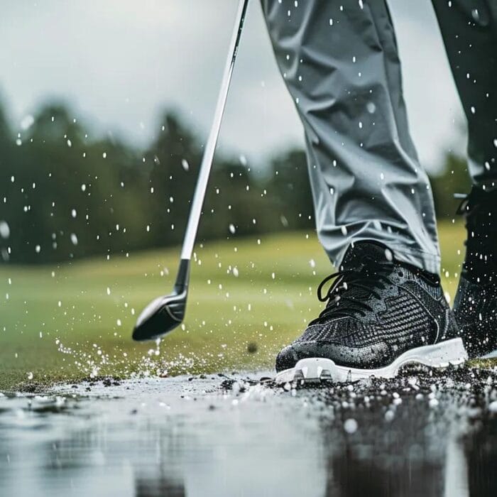 Golfer wearing waterproof golf shoes on a wet course, demonstrating performance in rain