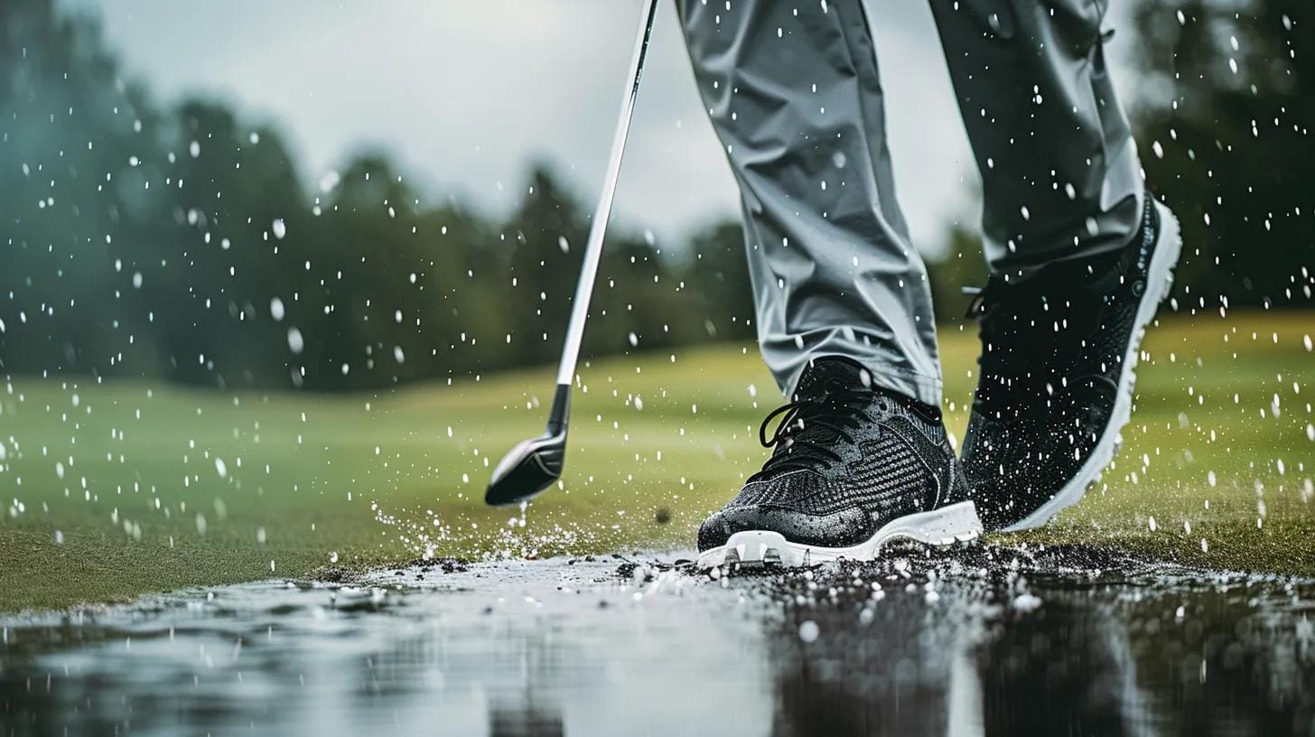 Golfer wearing waterproof golf shoes on a wet course, demonstrating performance in rain