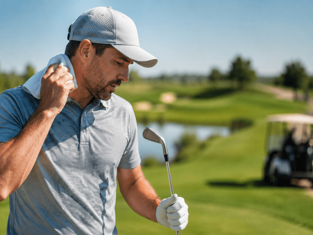 Man in a gray polo shirt made of moisture-wick fabric and cap holding a golf club, wiping his neck with a towel on a golf course with a golf cart and trees in the background.