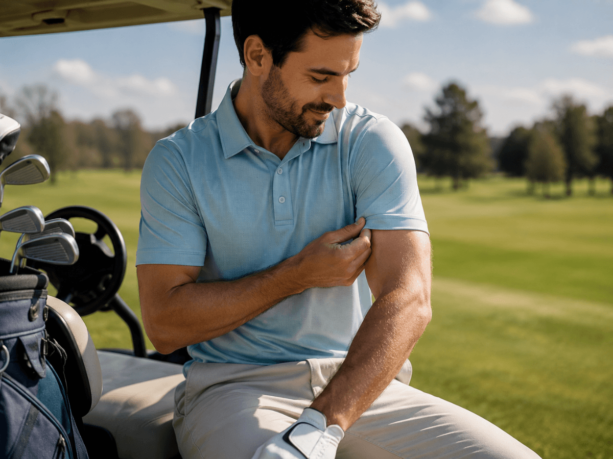Man in a light blue moisture-wick fabric polo shirt sits on a golf cart, looking at his flexed arm. Golf clubs and a green golf course are visible in the background.