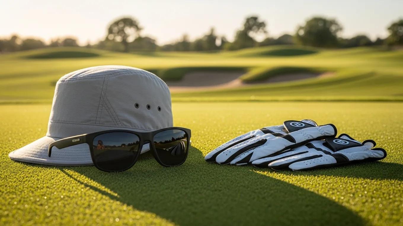 Stylish summer golf accessories including a hat, sunglasses, and gloves on a golf course background